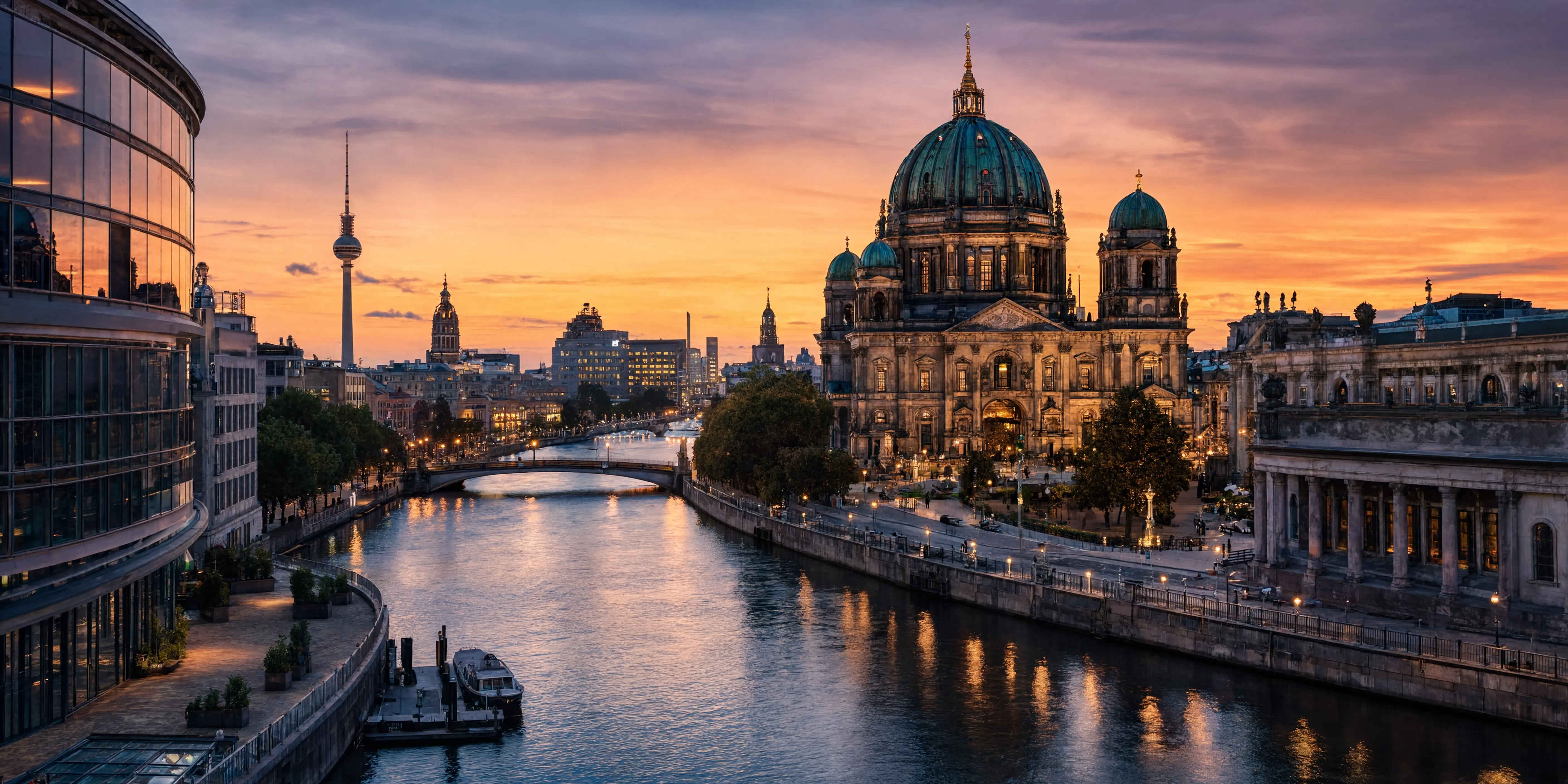 Berlin Stadtansicht mit Spree und historischer Architektur im goldenen Abendlicht